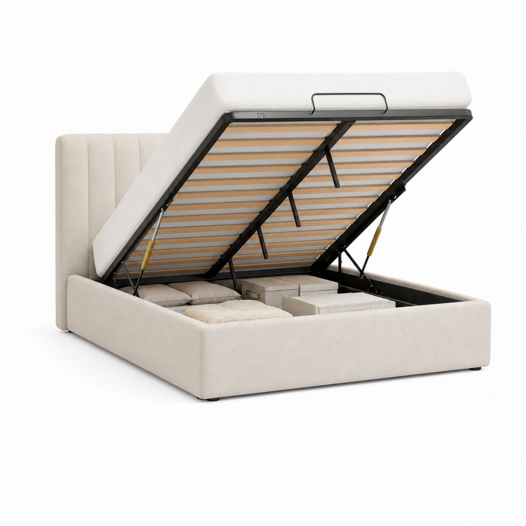 Lit coffre rectangulaire 160 x 200 cm beige en polyester avec sommier à lattes relevable