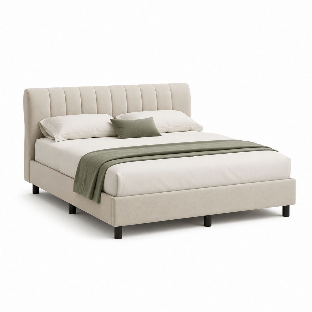 Lit double avec cadre beige en polyester tête de lit capitonnée 160 x 200 cm