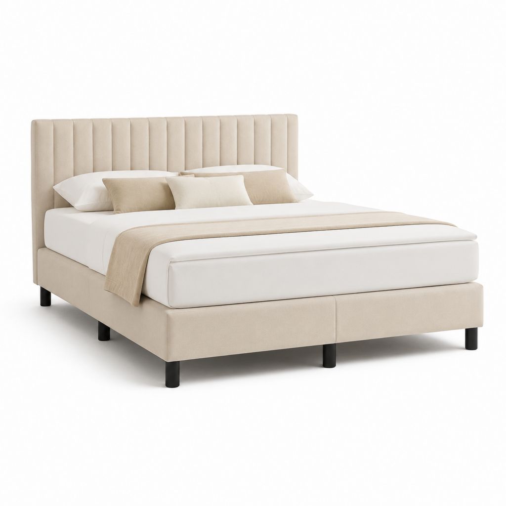Lit double avec cadre beige en polyester rectangulaire 160 x 200 cm
