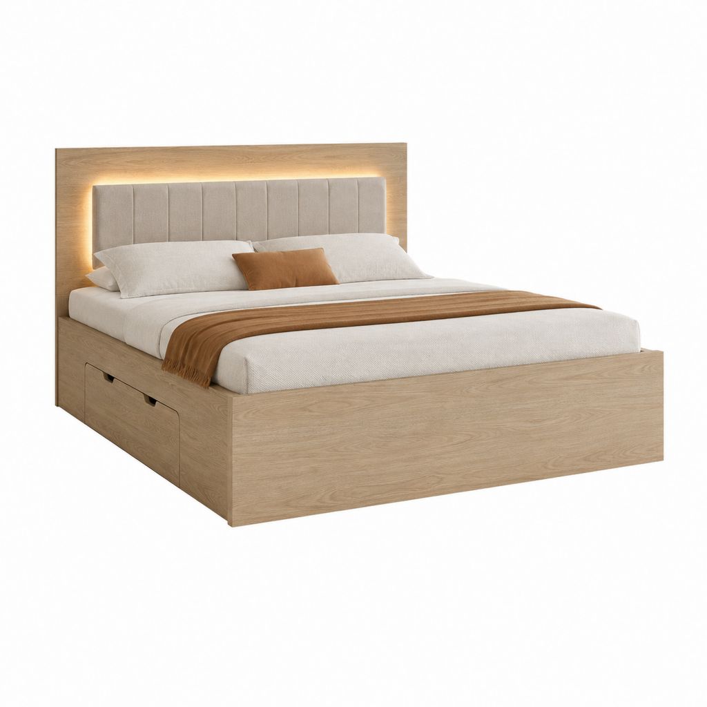 Lit coffre 160 x 200 cm chêne clair avec tête de lit capitonnée LED et 2 tiroirs
