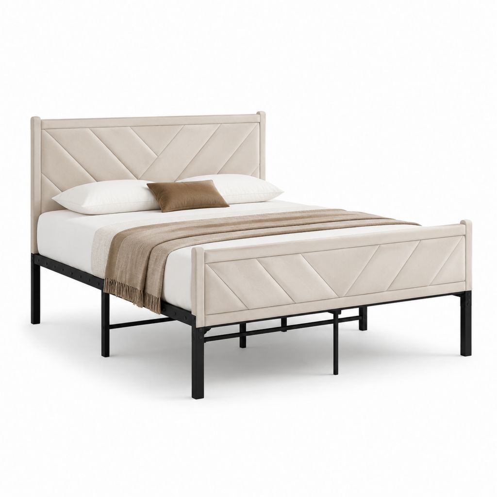 Lit double 160 x 200 cm beige en polyester avec cadre en acier noir