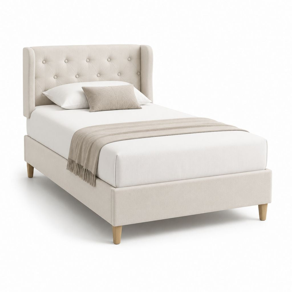 Lit double capitonné beige en polyester avec cadre 140 x 190 cm