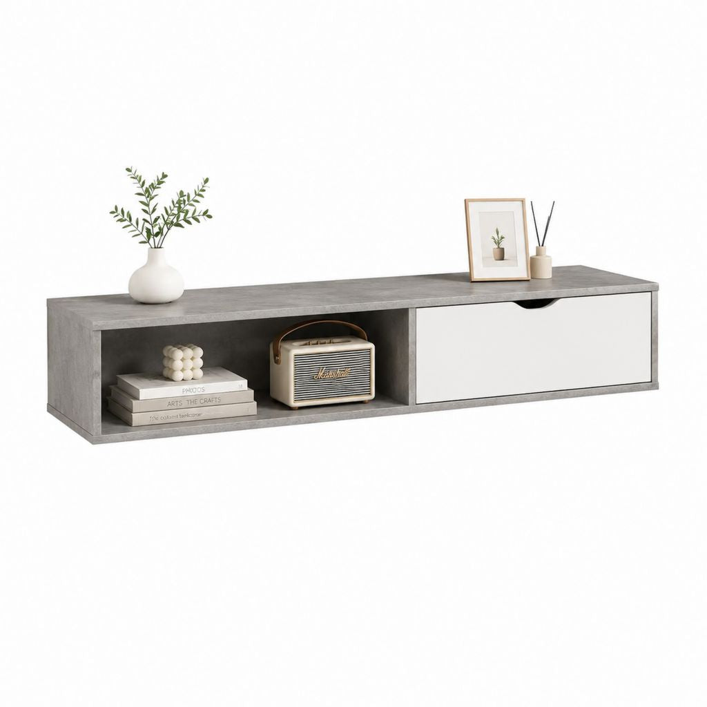 Meuble TV mural avec rangement gris béton et blanc en panneaux de particules 120 x 30 x 30 cm