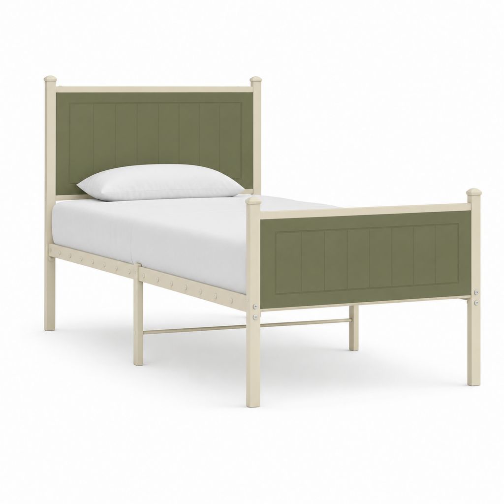 Lit simple 90 x 190 cm vert olive et crème en pin massif et MDF