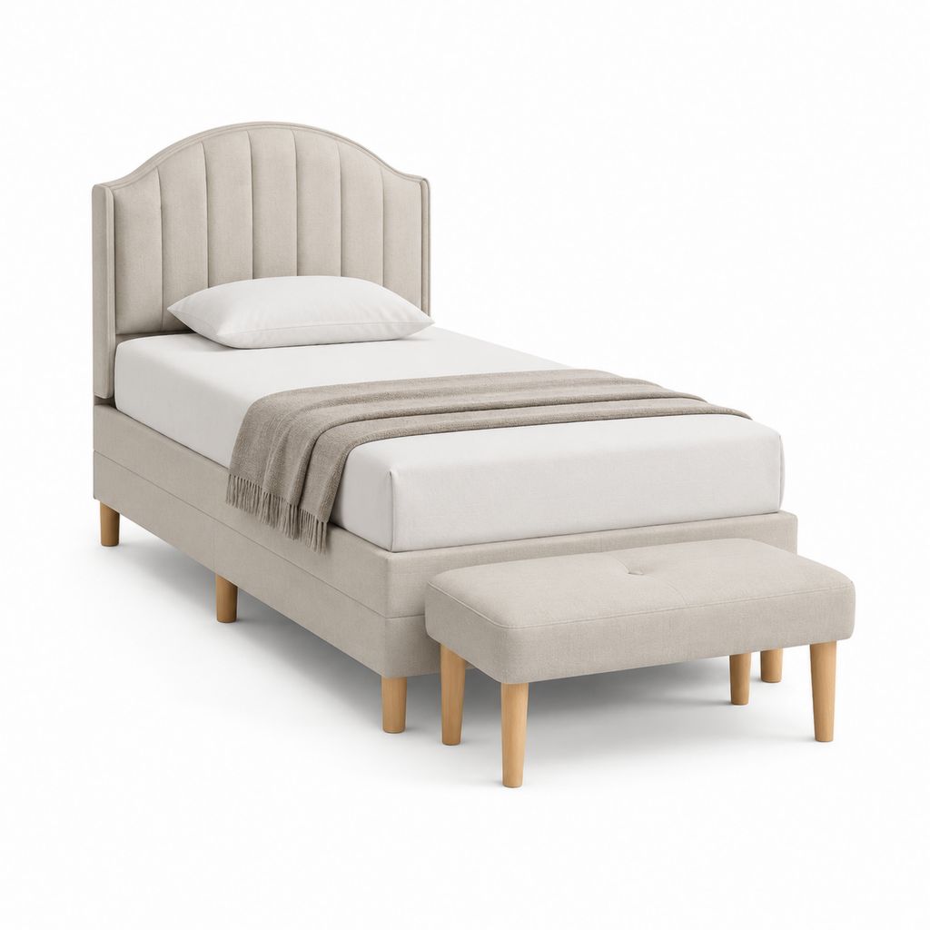 Lit simple capitonné beige en polyester avec tête de lit arquée et banc 90 x 190 cm