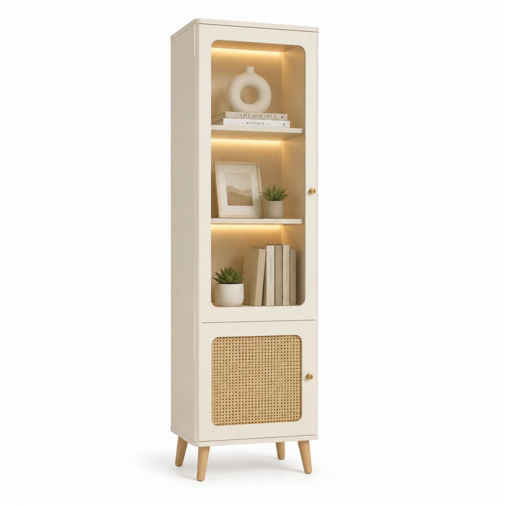 Vitrine de salon crème en MDF et cannage de rotin avec éclairage LED 180 x 50 x 40 cm