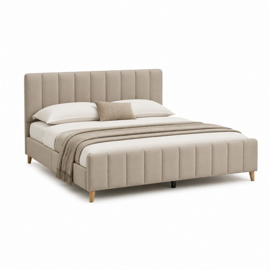 Lit double capitonné beige en velours polyester 160 x 200 cm