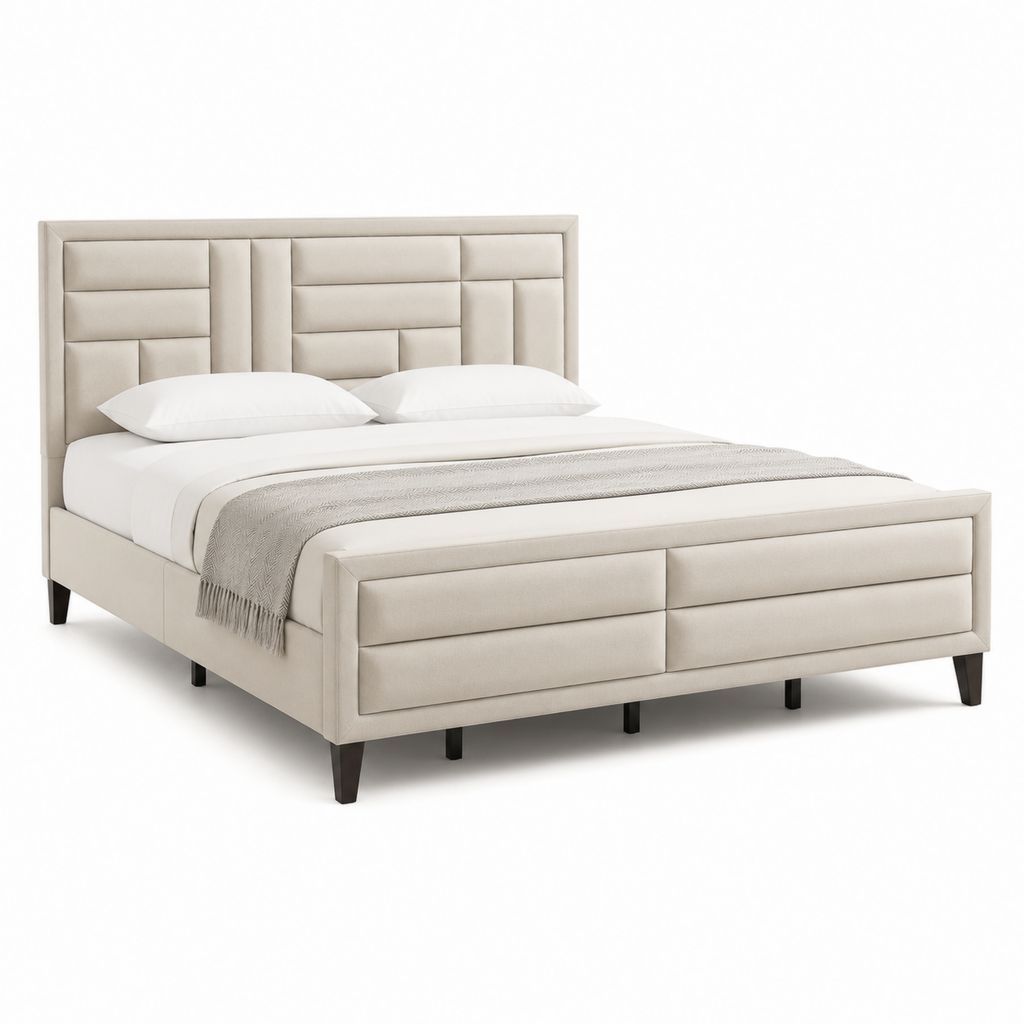 Cadre de lit double 160 x 200 cm beige en polyester avec tête de lit capitonnée géométrique
