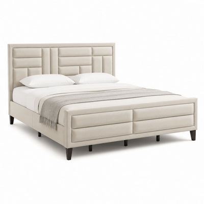 Cadre de lit double 160 x 200 cm beige en polyester avec tête de lit capitonnée géométrique
