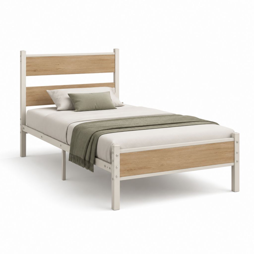 Lit double avec cadre de lit blanc et chêne clair en pin massif 140 x 190 cm