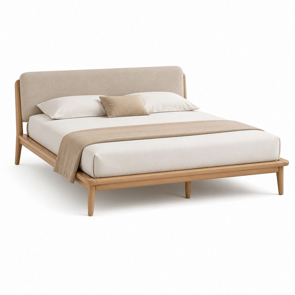 Cadre de lit double beige et naturel en bois massif avec tête de lit capitonnée 160 x 200 cm