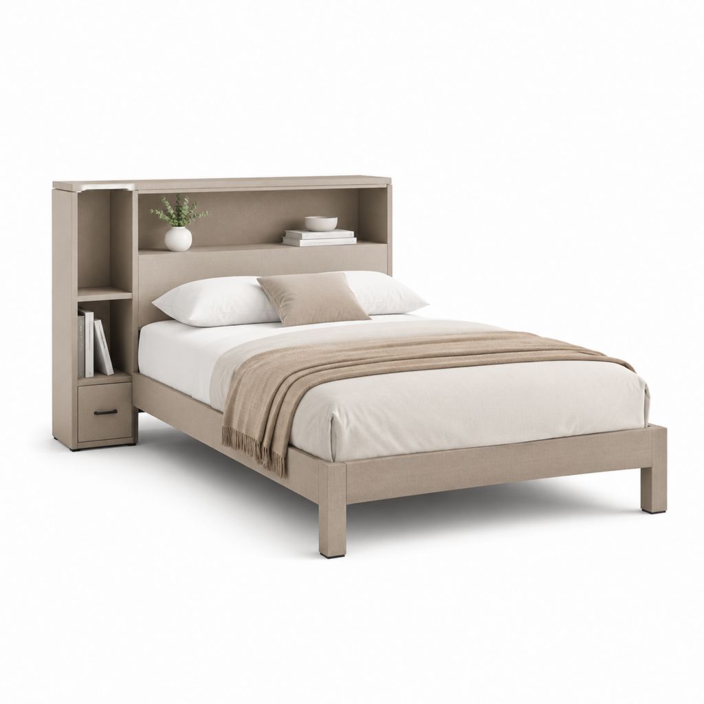 Lit double 140 x 190 cm taupe en panneaux MDF avec tête de lit rangement intégrée