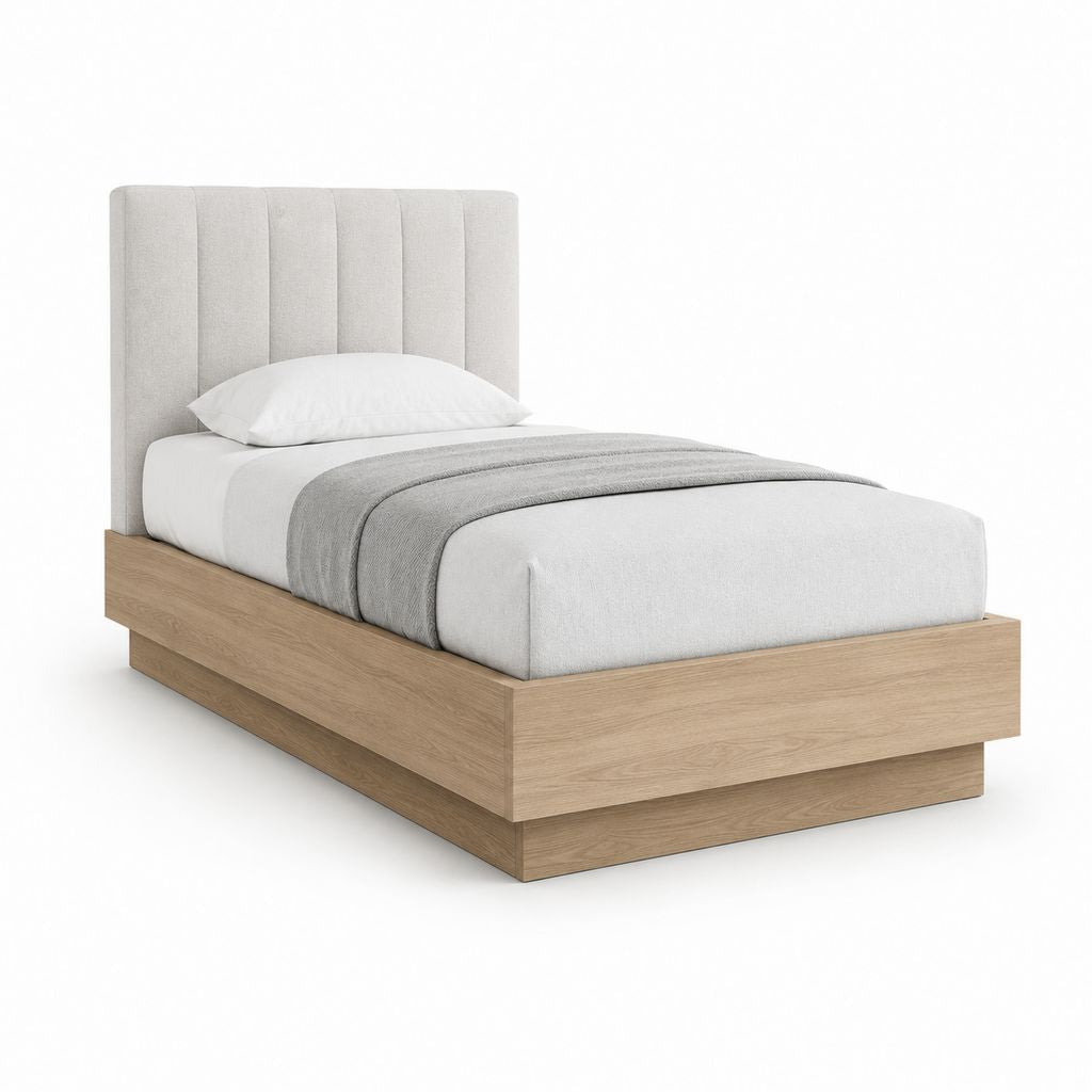 Lit simple avec cadre en MDF chêne clair et tête de lit rembourrée beige 90 x 190 cm