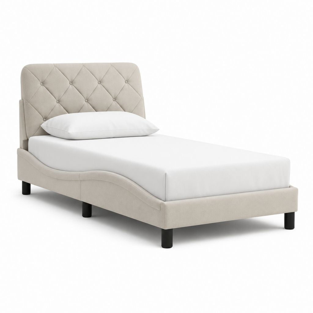 Lit simple capitonné beige en polyester 90 x 190 cm avec cadre en bois composite