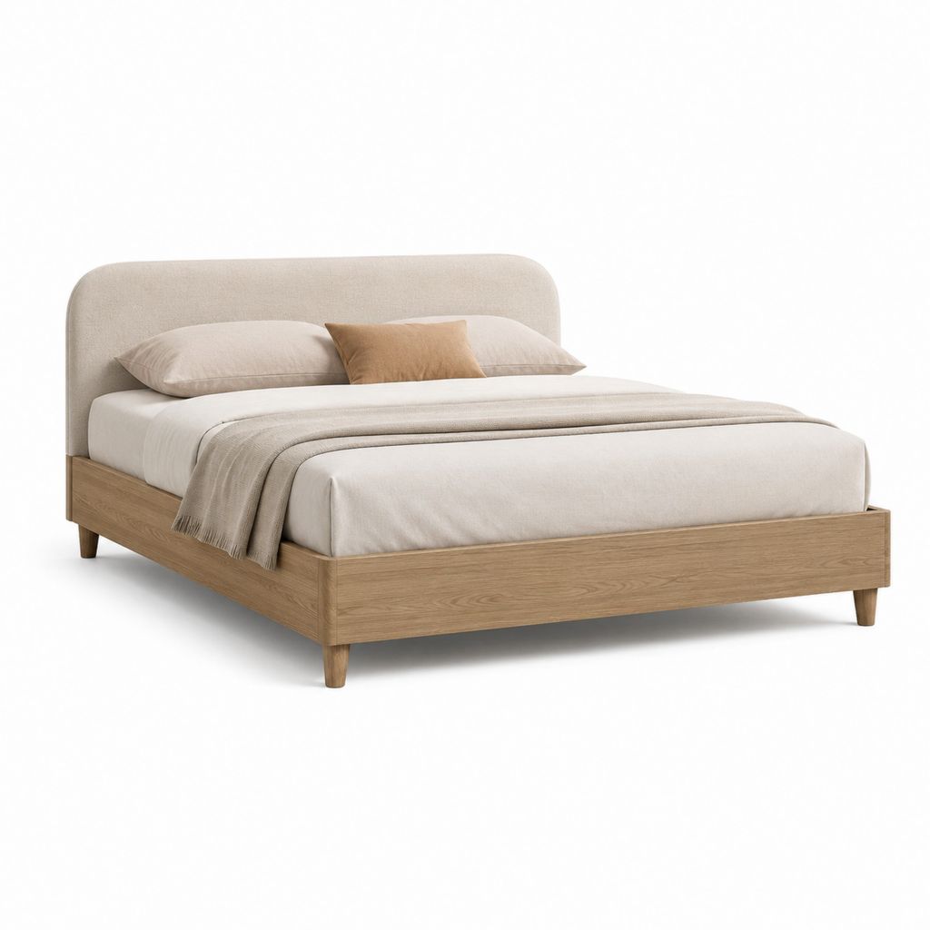 Lit double 160 x 200 cm avec cadre en MDF plaqué chêne et tête de lit beige en polyester