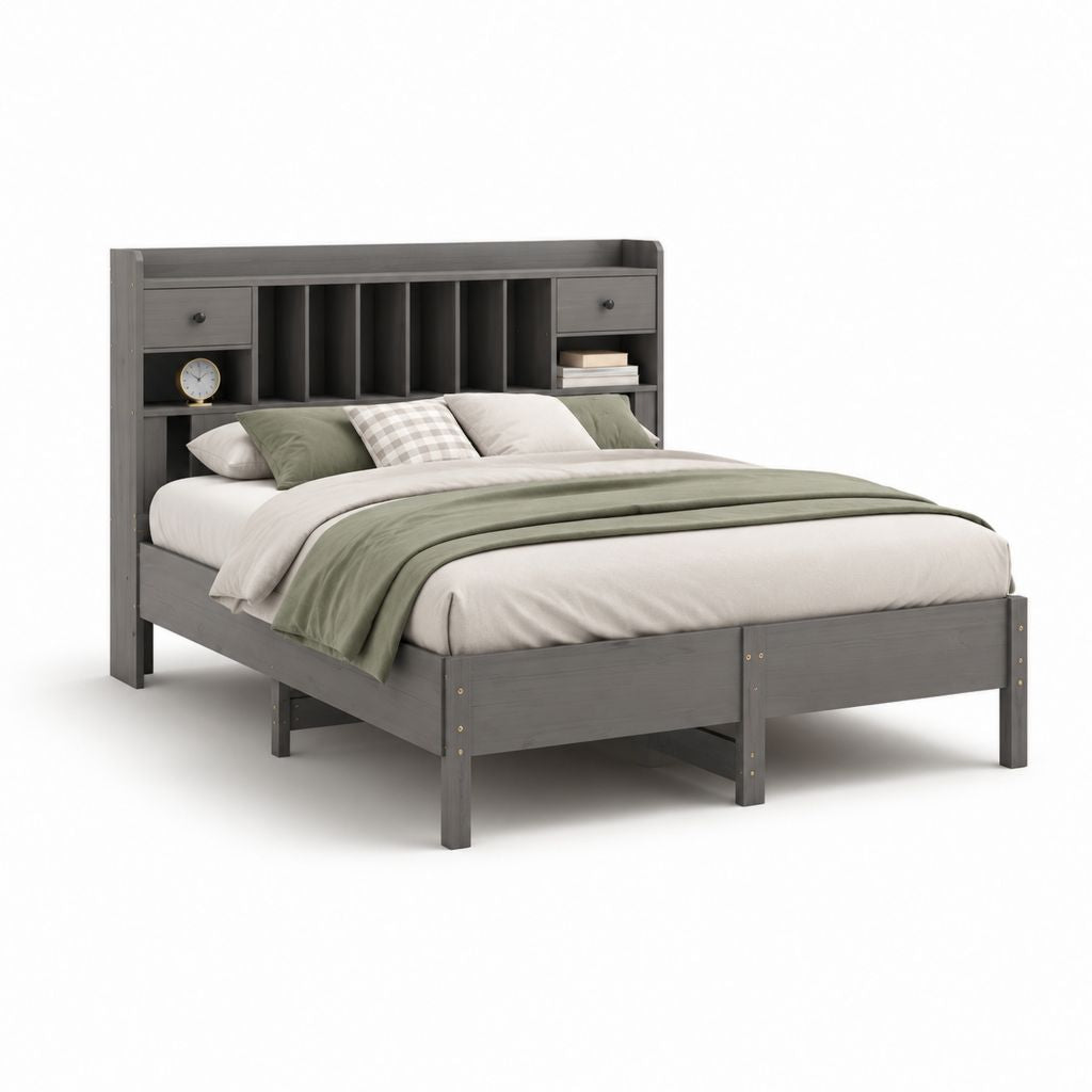 Lit double gris anthracite en panneaux MDF avec tête de lit rangement 160 x 200 cm