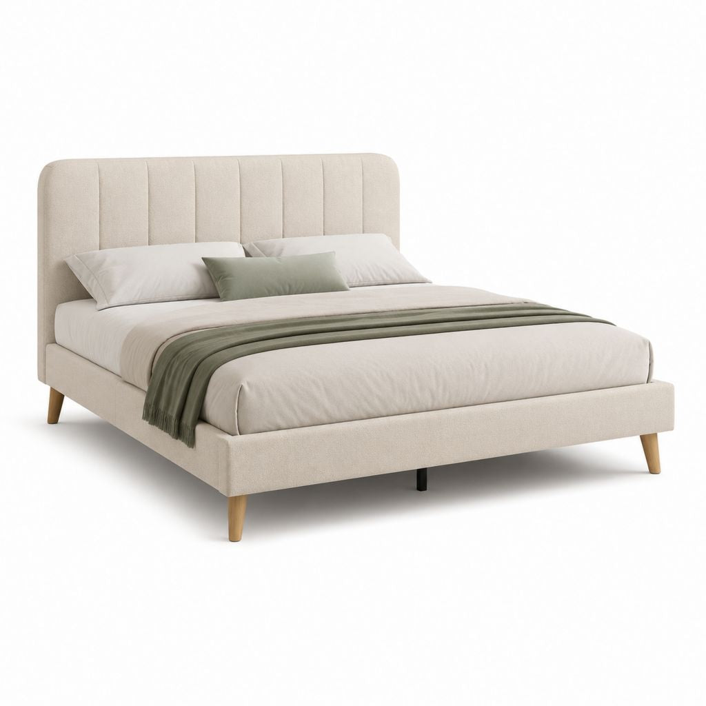 Lit double 160 x 200 cm beige en polyester avec tête de lit capitonnée et pieds en hêtre massif