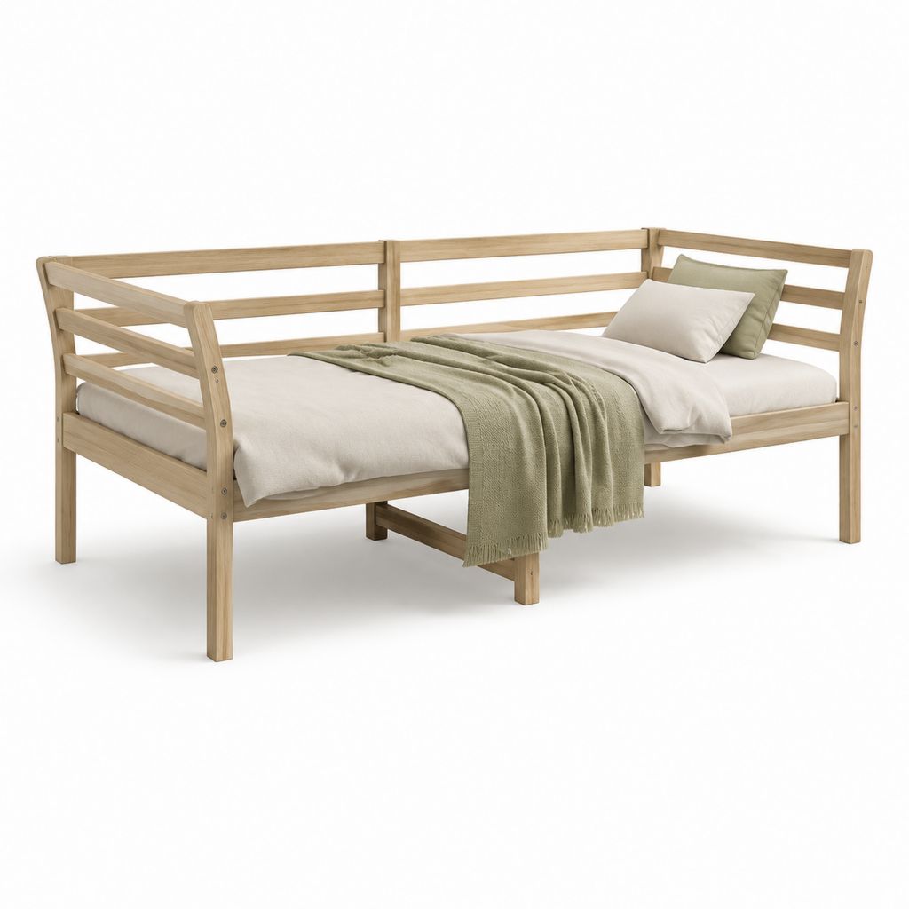 Lit simple 90 x 200 cm en pin massif naturel avec barrières latérales