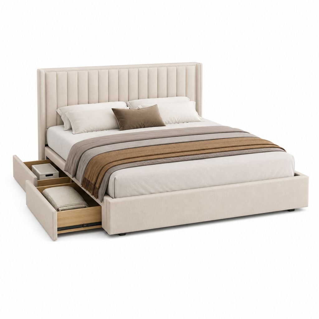 Lit double avec rangement beige en polyester 160 x 200 cm