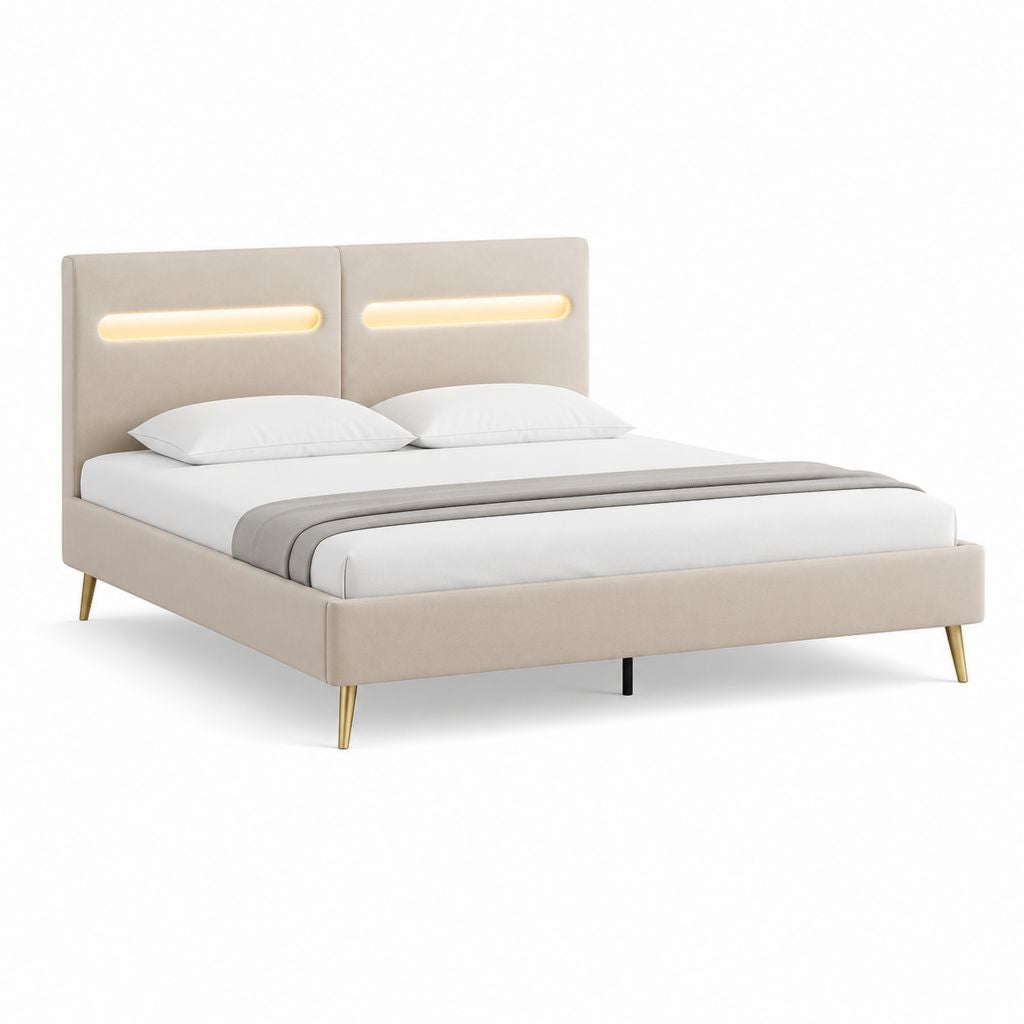 Lit double avec cadre de lit beige en polyester rectangulaire avec éclairage LED 160 x 200 cm