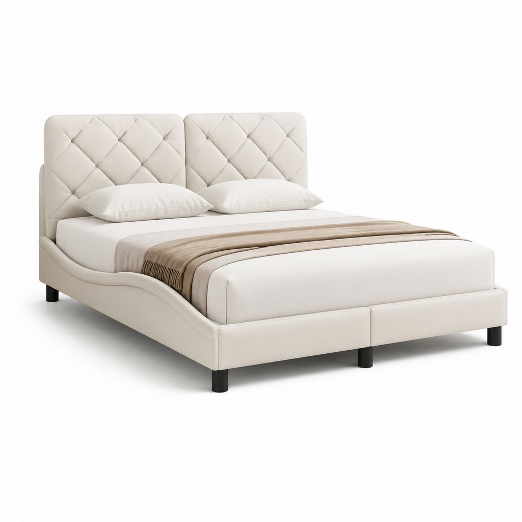 Lit double 160 x 200 cm blanc en similicuir PU avec tête de lit capitonnée