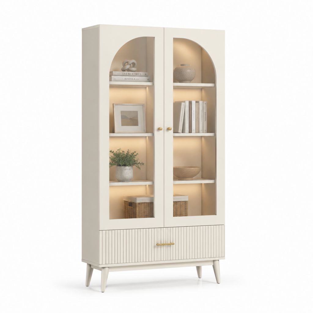 Vitrine de salon 2 portes blanc cassé en panneaux de particules et verre 80 x 40 x 180 cm