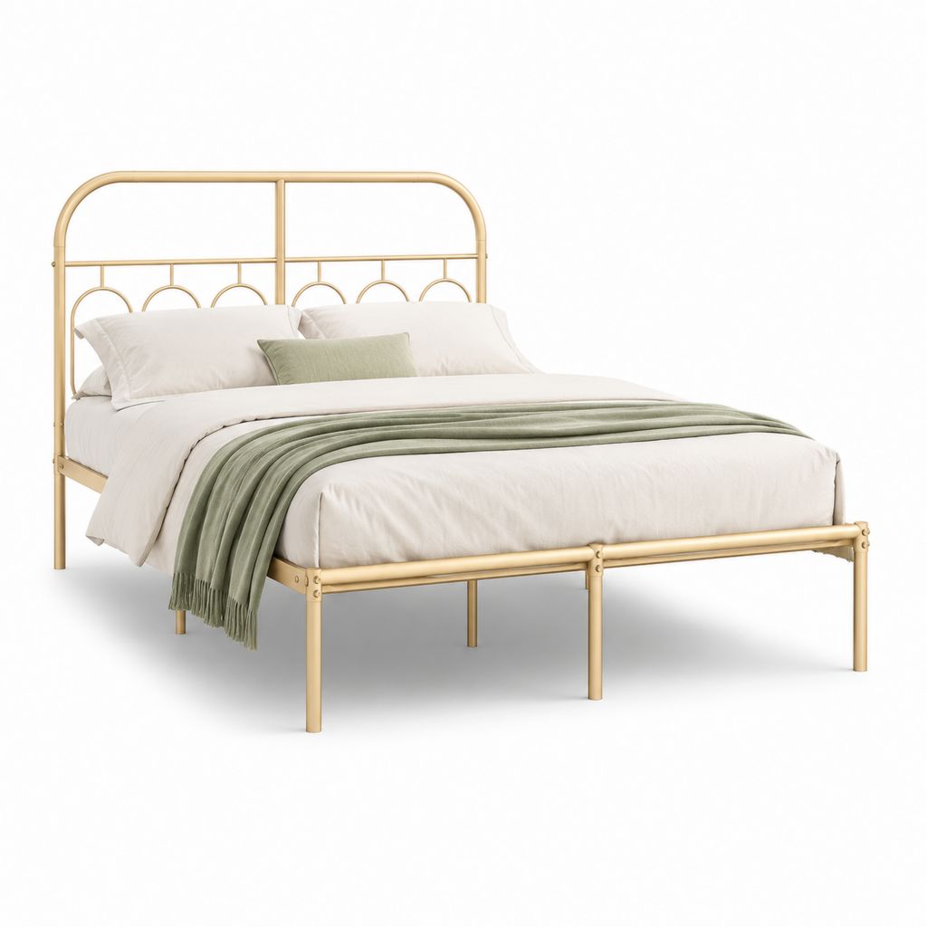 Cadre de lit double doré en acier à tête de lit arrondie 140 x 190 cm
