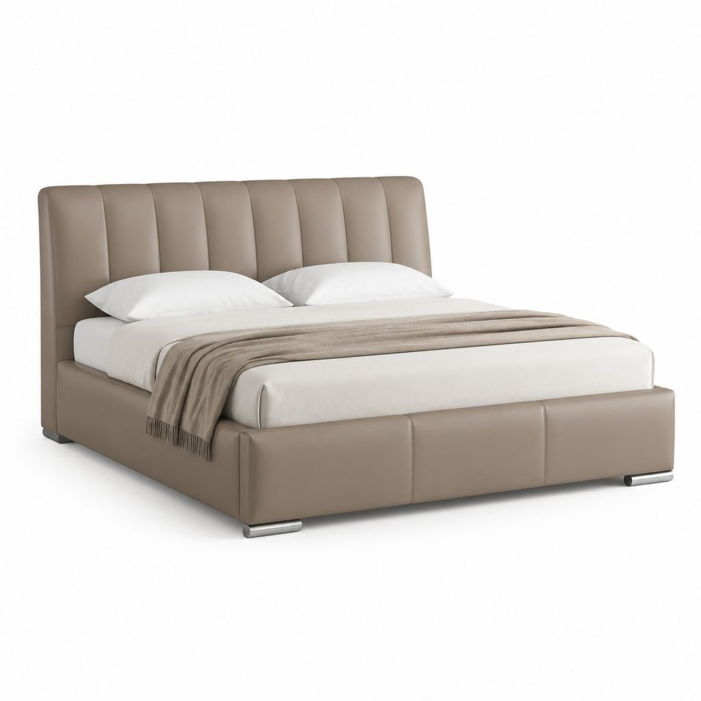 Lit double 160 x 200 cm taupe en cuir synthétique PU avec tête de lit capitonnée