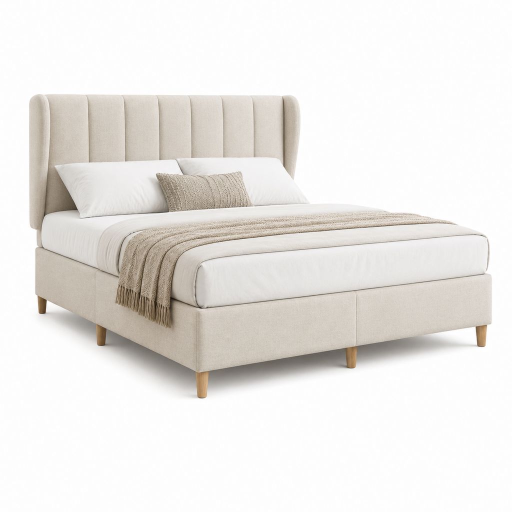 Lit double 160 x 200 cm beige en polyester avec cadre capitonné et tête de lit rembourrée